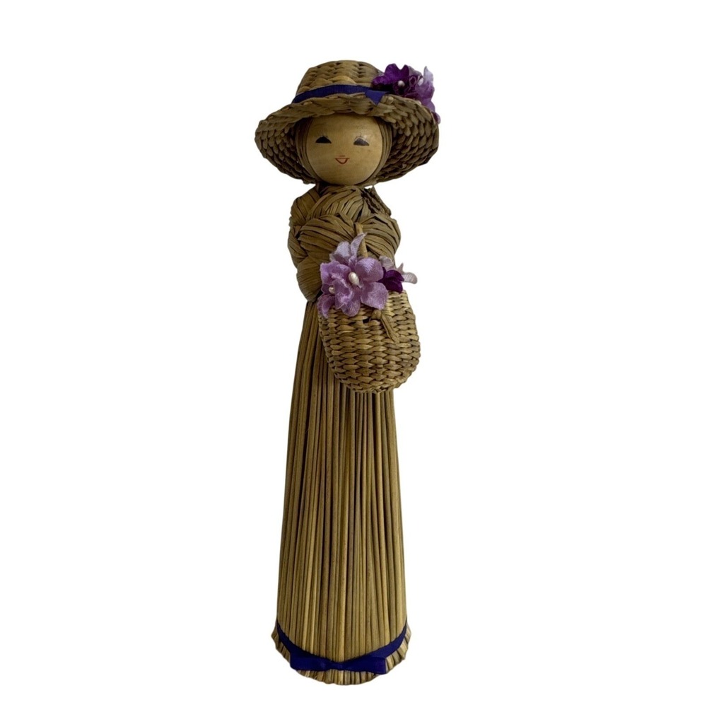 Handmade Straw Doll Woman With Hat and Basket Purple Flowers Blue Ribbon Accent
